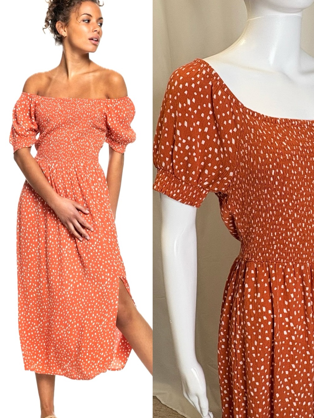 Roxy Puff Sleeve Printed Midi Sundress Size Large Orange Smocked Top Front Slit